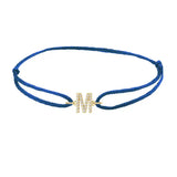 Diamond initial m silk bracelet in 14K yellow gold on blue silk