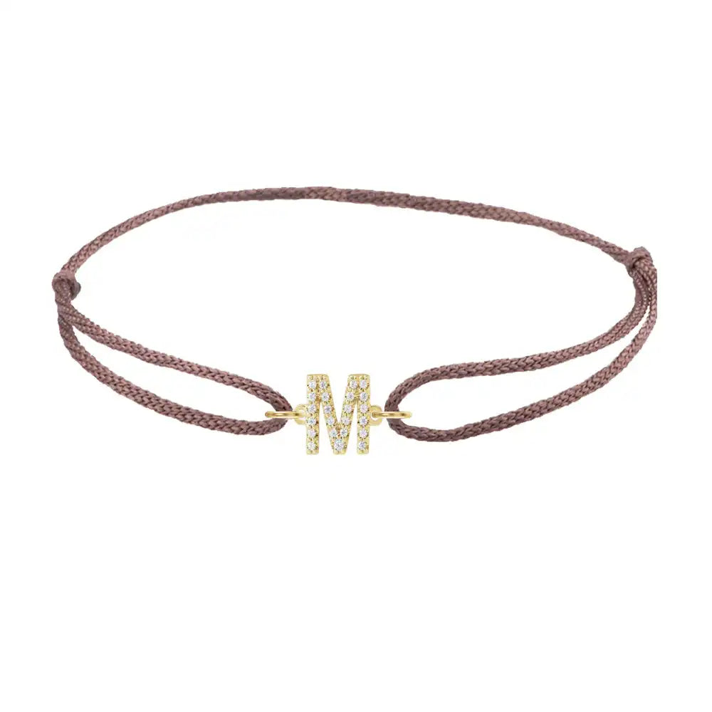 Diamond initial m silk bracelet in 14K yellow gold on brown silk