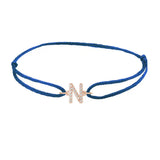 Diamond initial n silk bracelet in 14K rose gold on blue silk