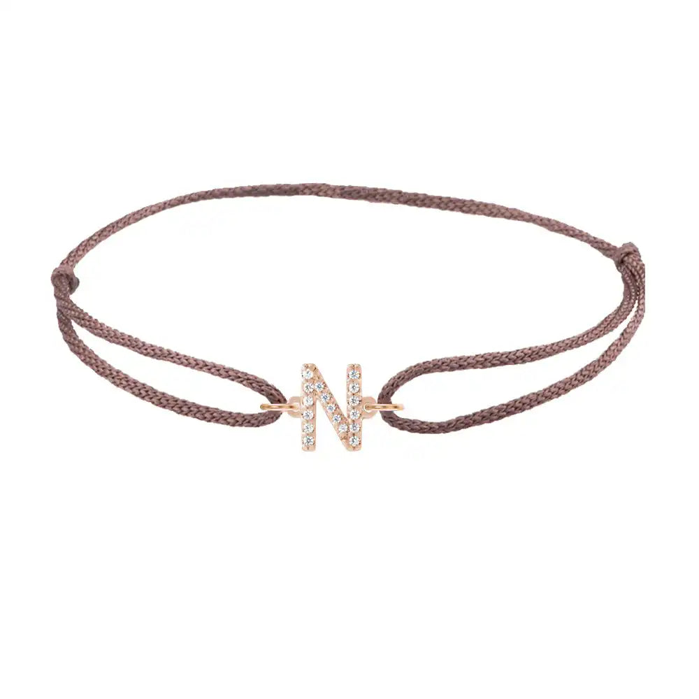 Diamond initial n silk bracelet in 14K rose gold on brown silk