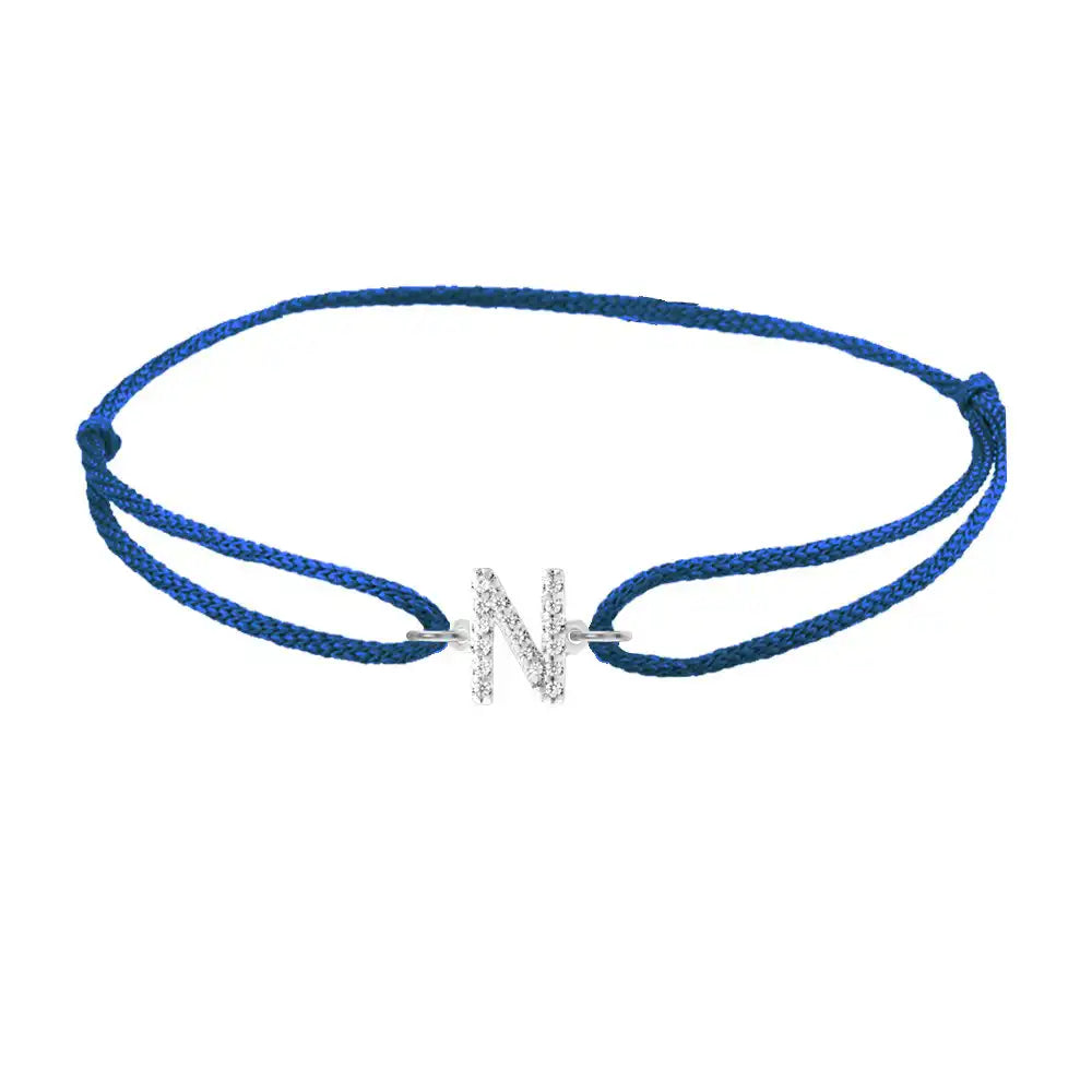 Diamond initial n silk bracelet in 14K white gold on blue silk