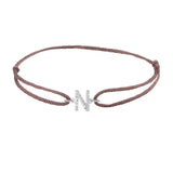 Diamond initial n silk bracelet in 14K white gold on brown silk