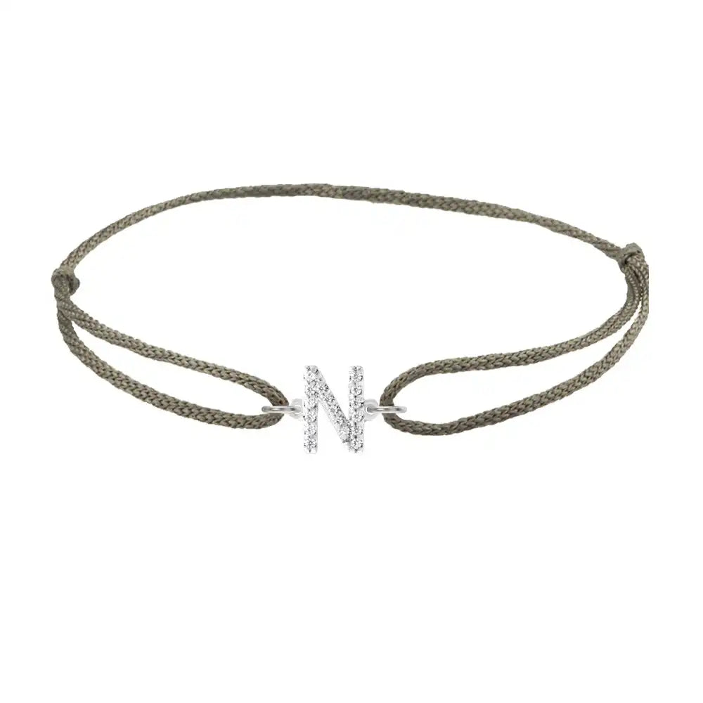 Diamond initial n silk bracelet in 14K white gold on olive silk