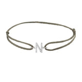 Diamond initial n silk bracelet in 14K white gold on olive silk