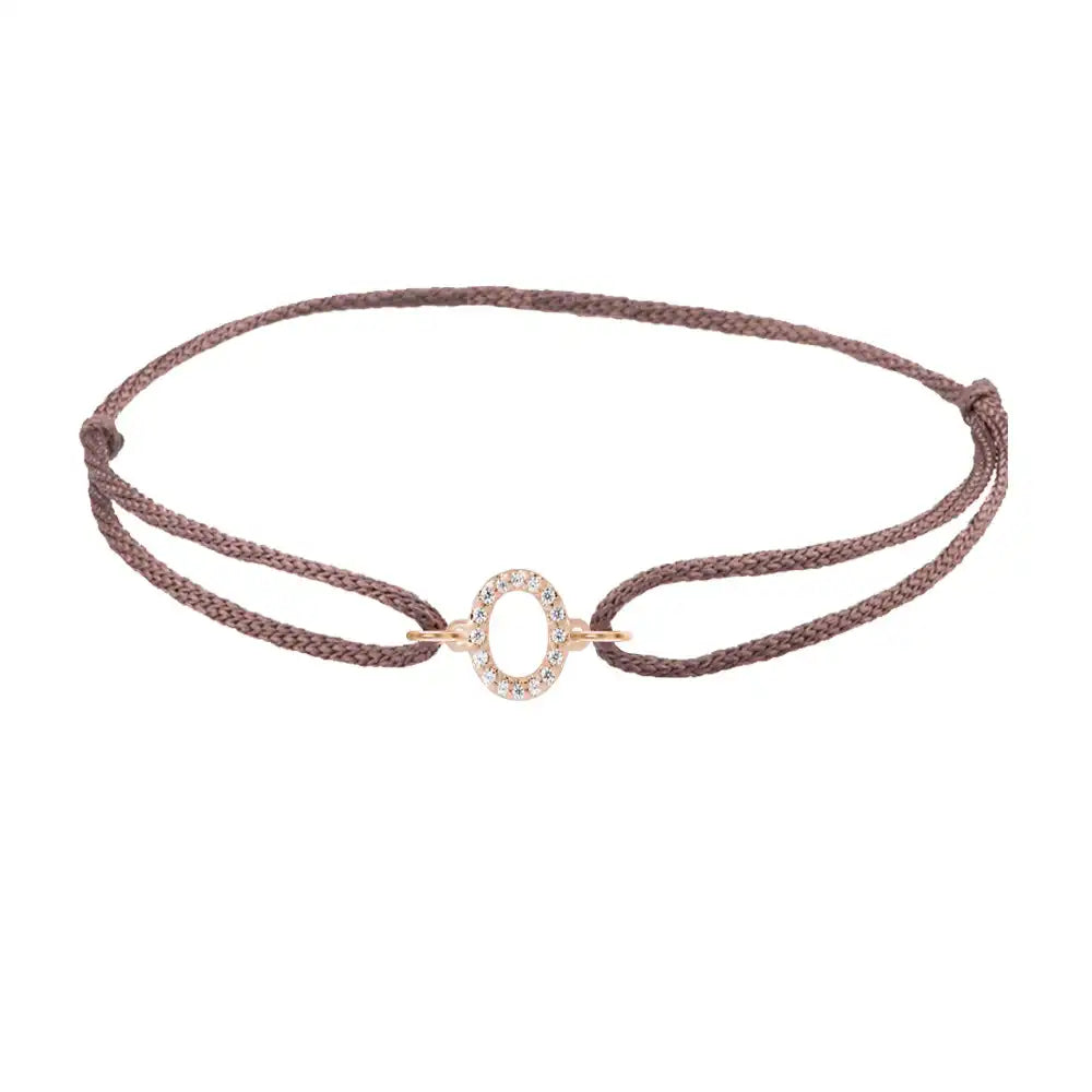 Diamond initial o silk bracelet in 14K rose gold on brown silk
