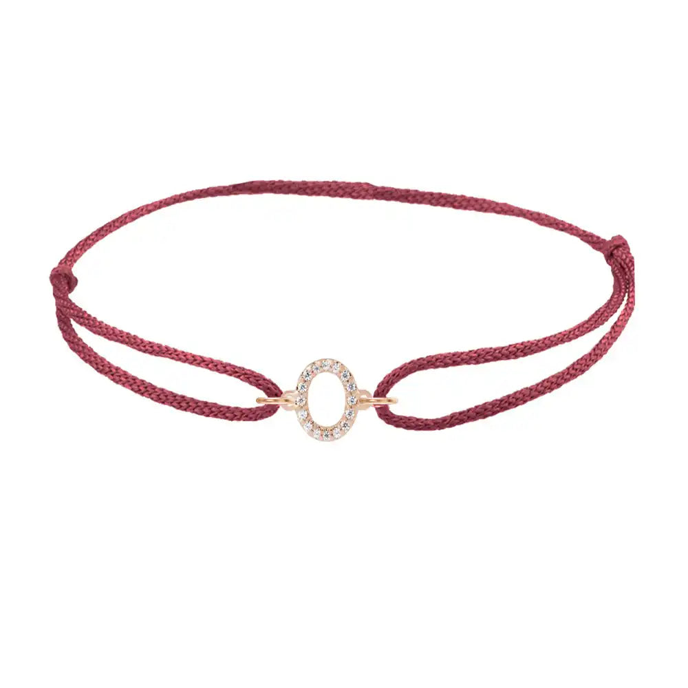 Diamond initial o silk bracelet in 14K rose gold on burgundy silk