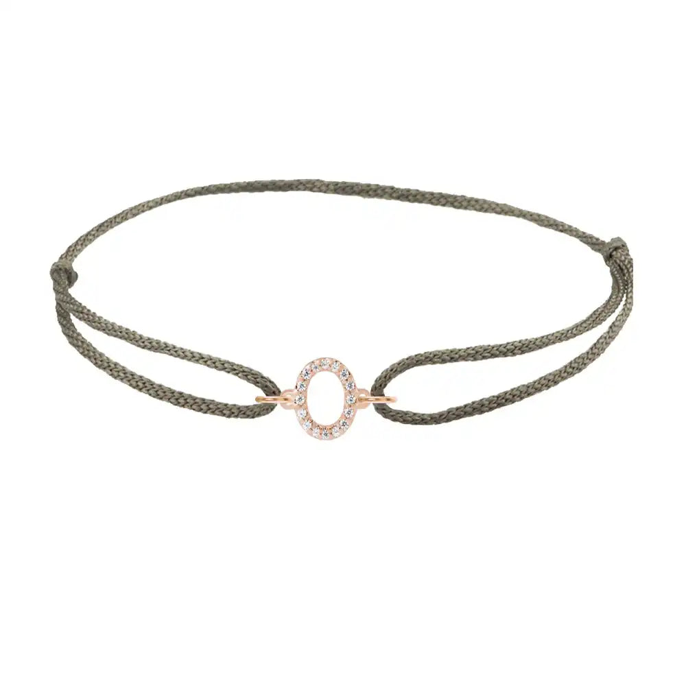 Diamond initial o silk bracelet in 14K rose gold on olive silk