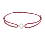 Diamond initial o silk bracelet in 14K white gold on burgundy silk