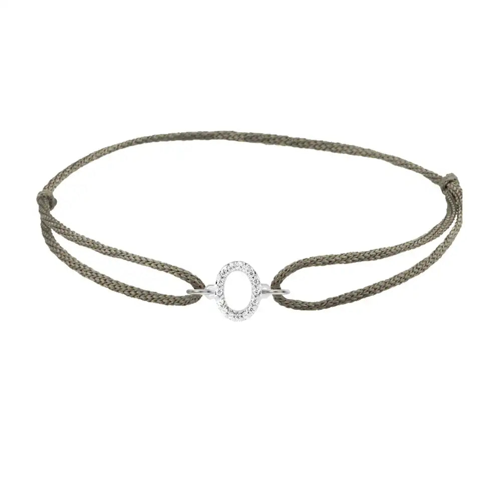 Diamond initial o silk bracelet in 14K white gold on olive silk