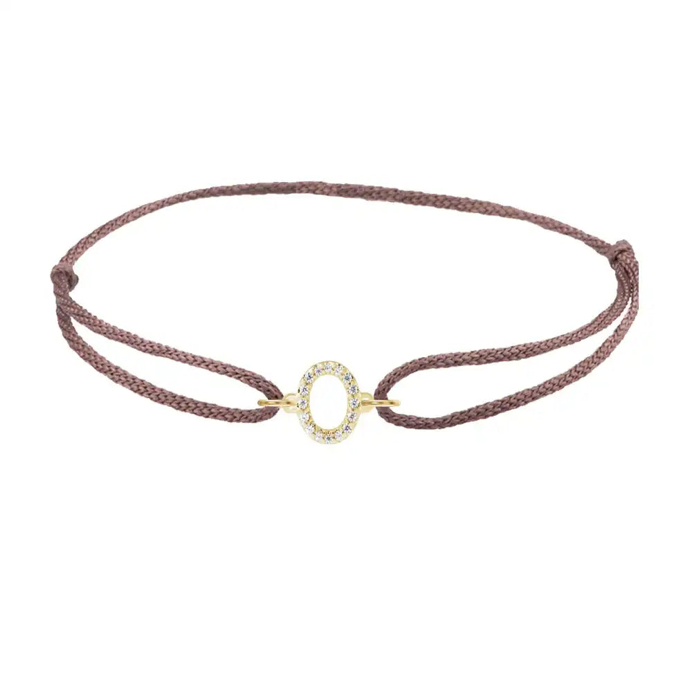 Diamond initial o silk bracelet in 14K yellow gold on brown silk