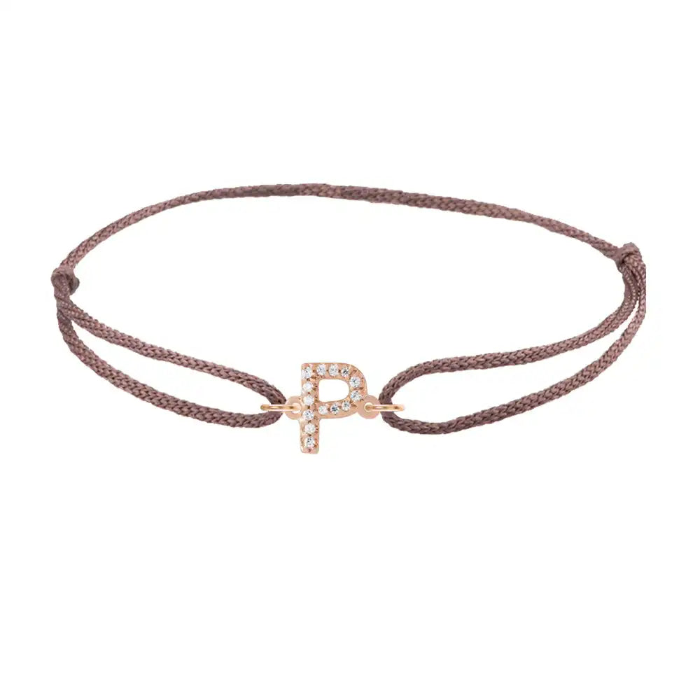 Diamond initial p silk bracelet in 14K rose gold on brown silk