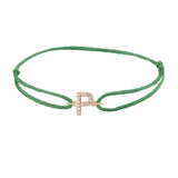 Diamond initial p silk bracelet in 14K rose gold on emerald silk