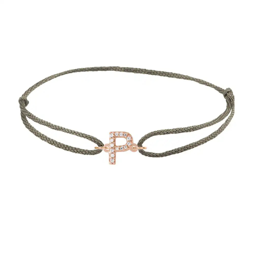 Diamond initial p silk bracelet in 14K rose gold on olive silk