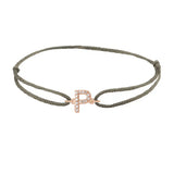 Diamond initial p silk bracelet in 14K rose gold on olive silk