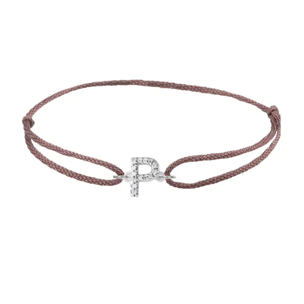 Diamond initial p silk bracelet in 14K white gold on brown silk