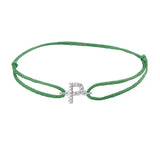 Diamond initial p silk bracelet in 14K white gold on emerald silk