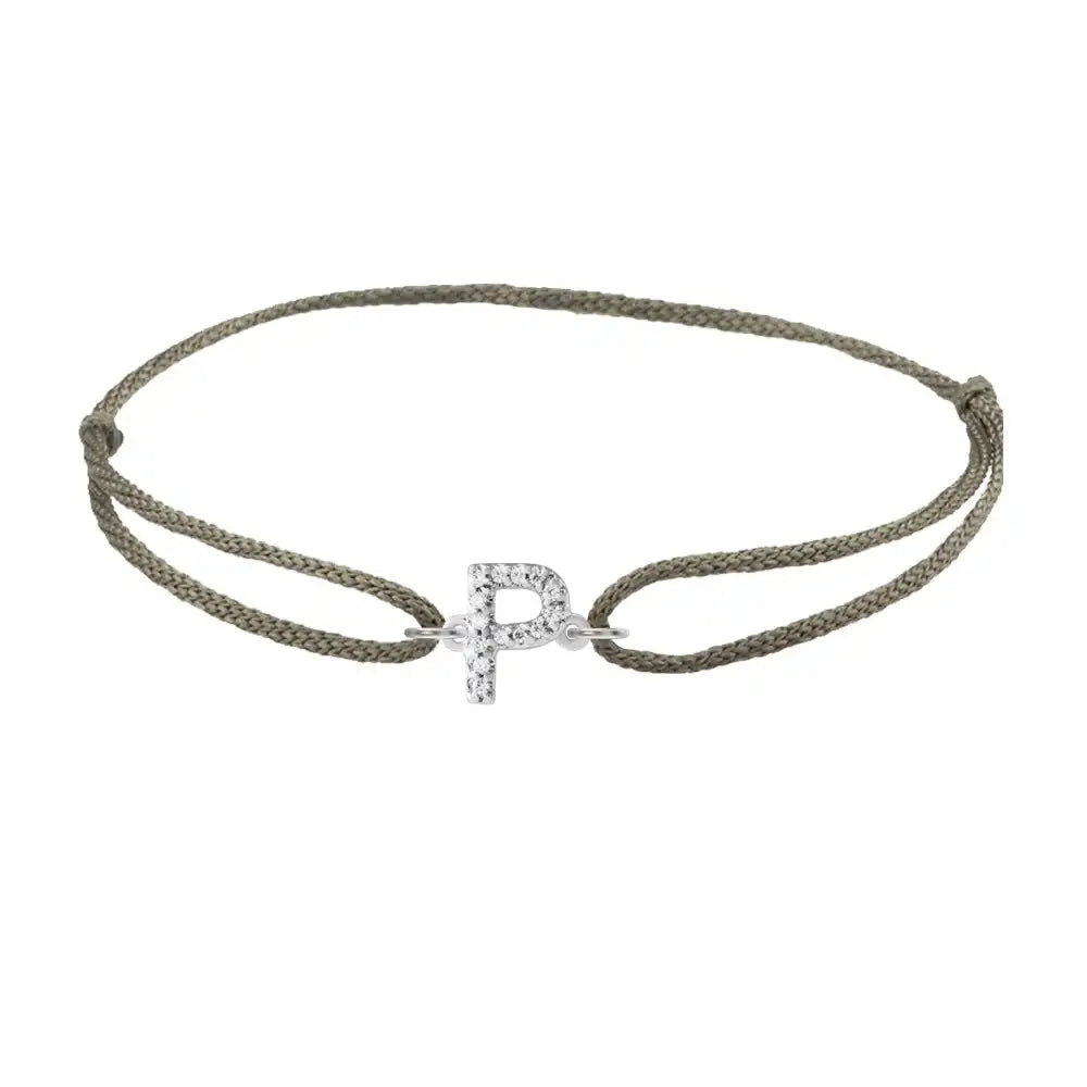 Diamond initial p silk bracelet in 14K white gold on olive silk