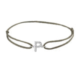 Diamond initial p silk bracelet in 14K white gold on olive silk