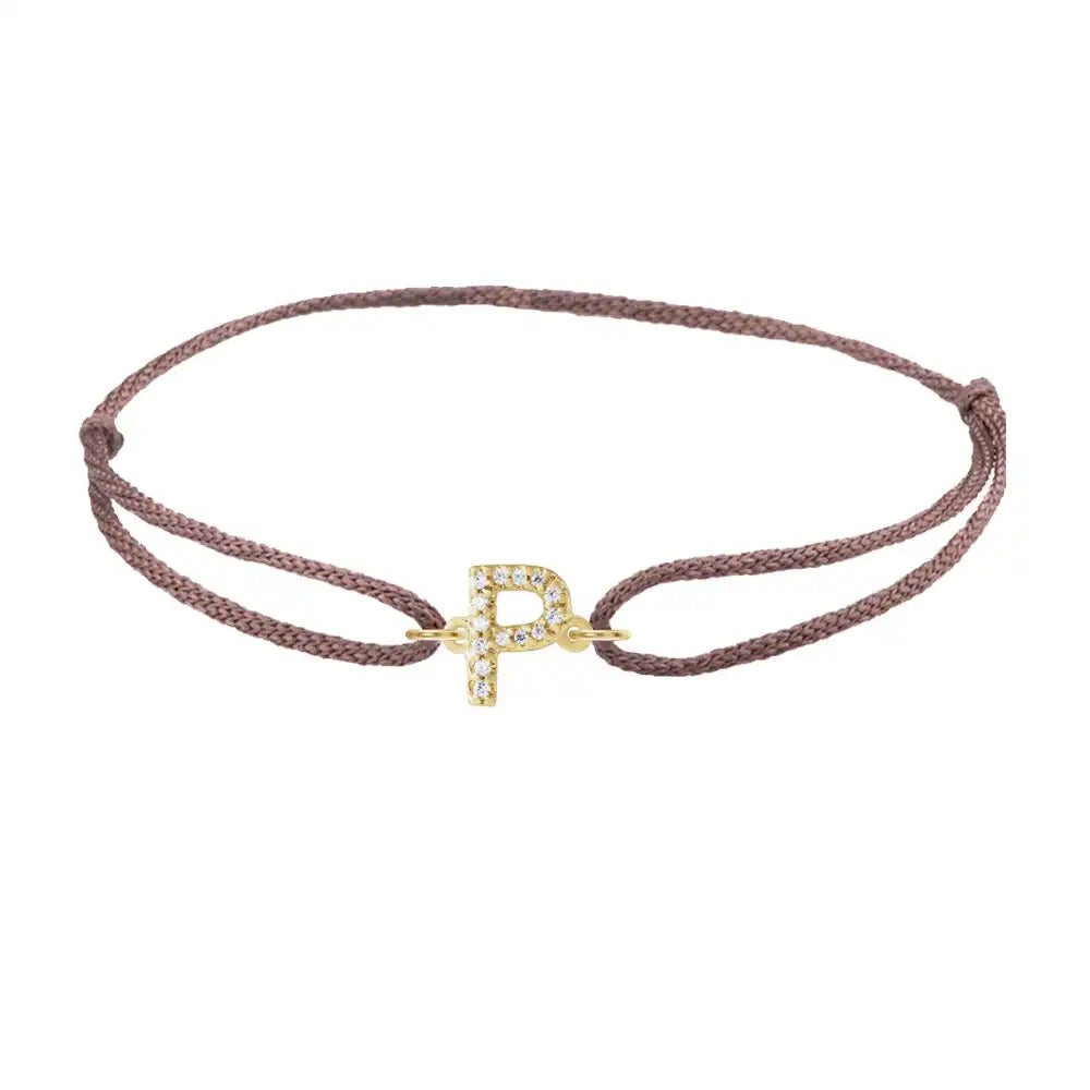 Diamond initial p silk bracelet in 14K yellow gold on brown silk