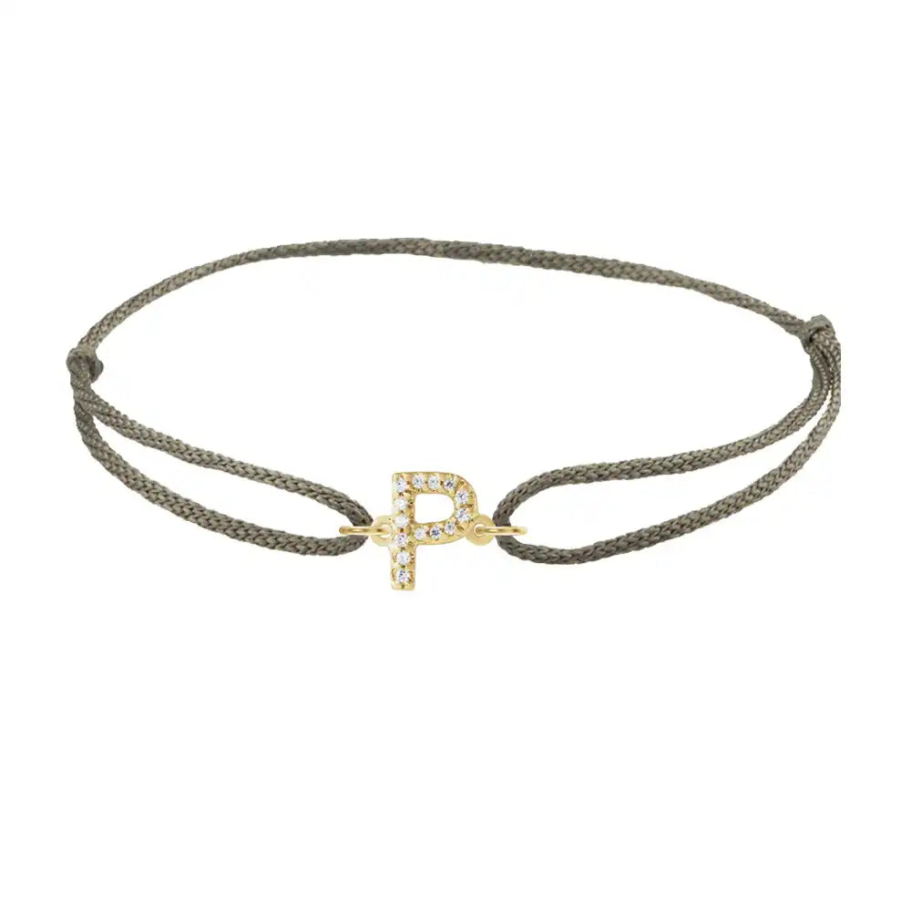 Diamond initial p silk bracelet in 14K yellow gold on olive silk