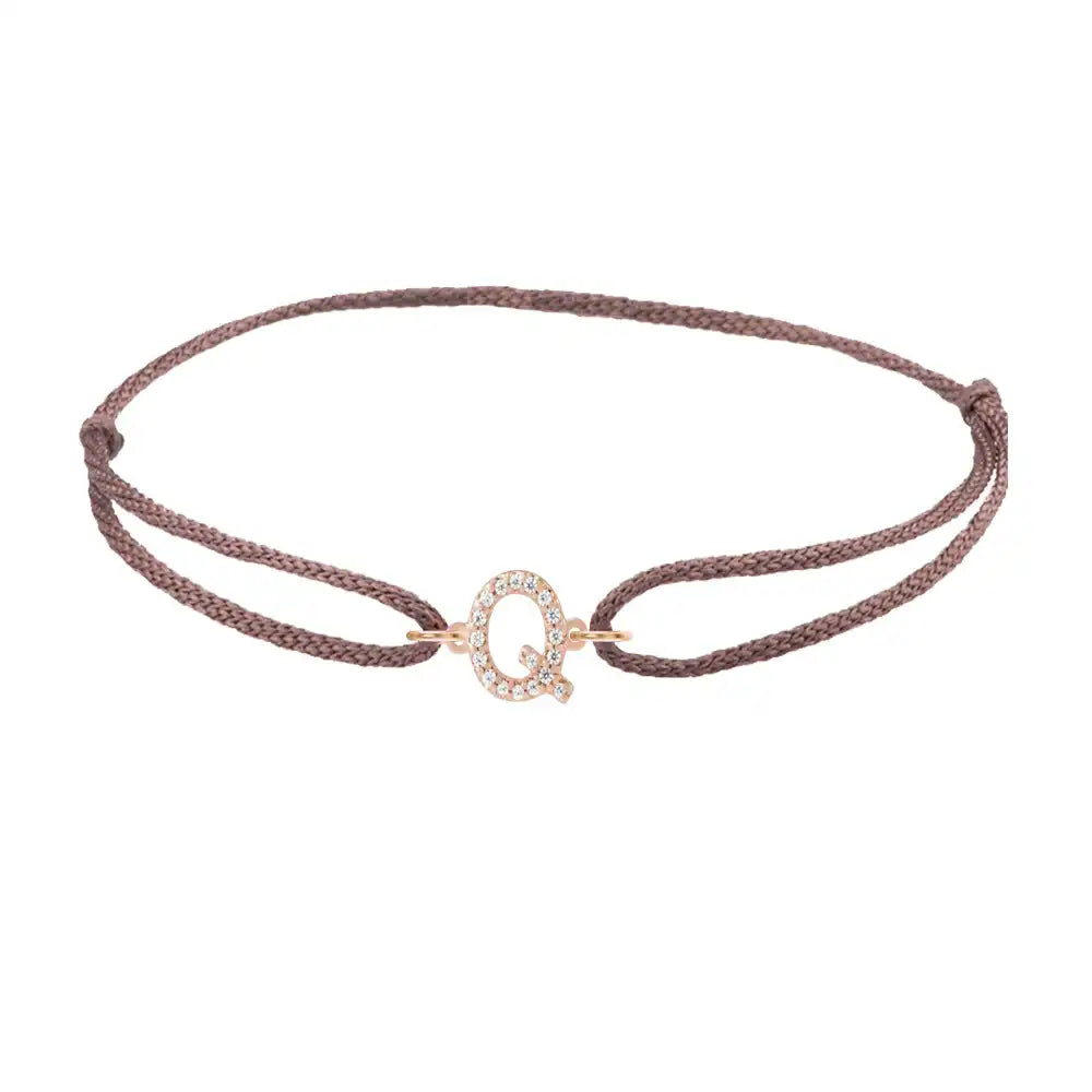 Diamond initial q silk bracelet in 14K rose gold on brown silk