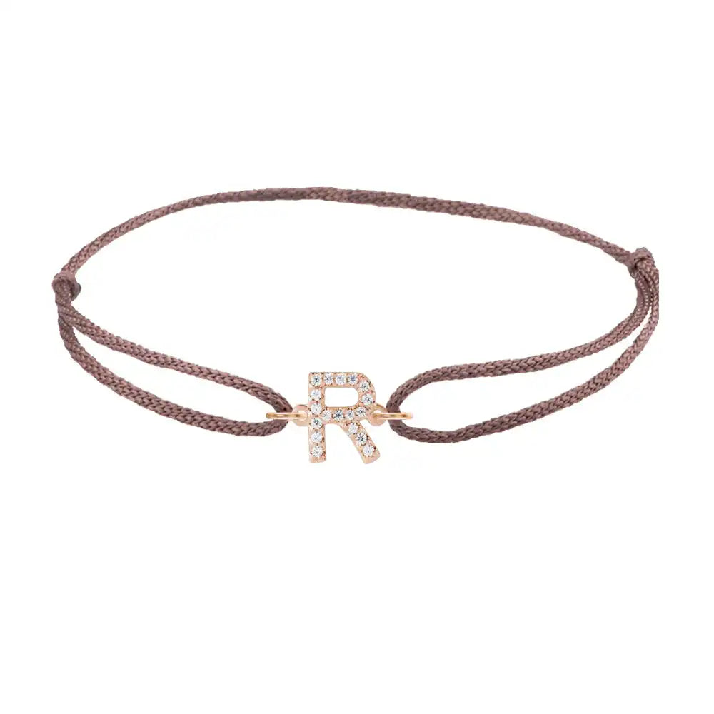 Diamond initial r silk bracelet in 14K rose gold on brown silk