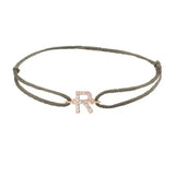 Diamond initial r silk bracelet in 14K rose gold on olive silk