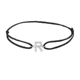 Diamond initial r silk bracelet in 14K white gold on black silk