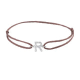 Diamond initial r silk bracelet in 14K white gold on brown silk