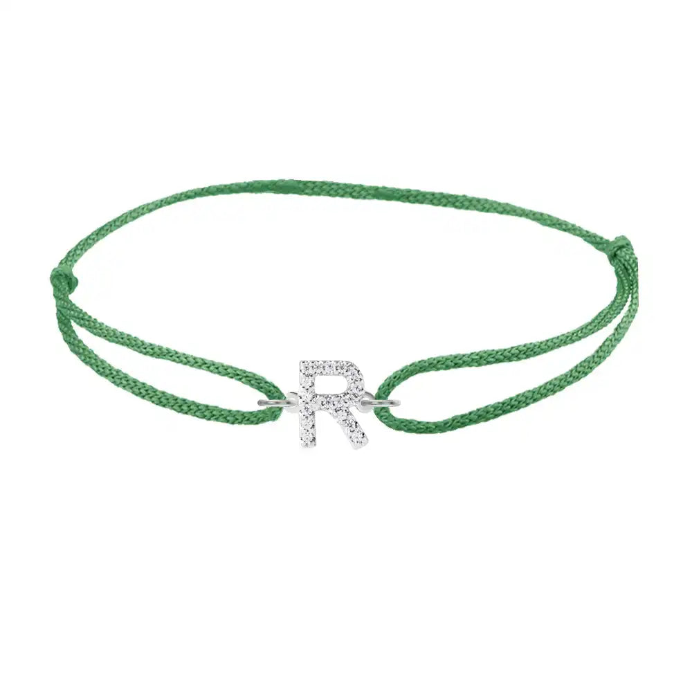 Diamond initial r silk bracelet in 14K white gold on emerald silk