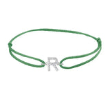Diamond initial r silk bracelet in 14K white gold on emerald silk