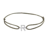 Diamond initial r silk bracelet in 14K white gold on olive silk