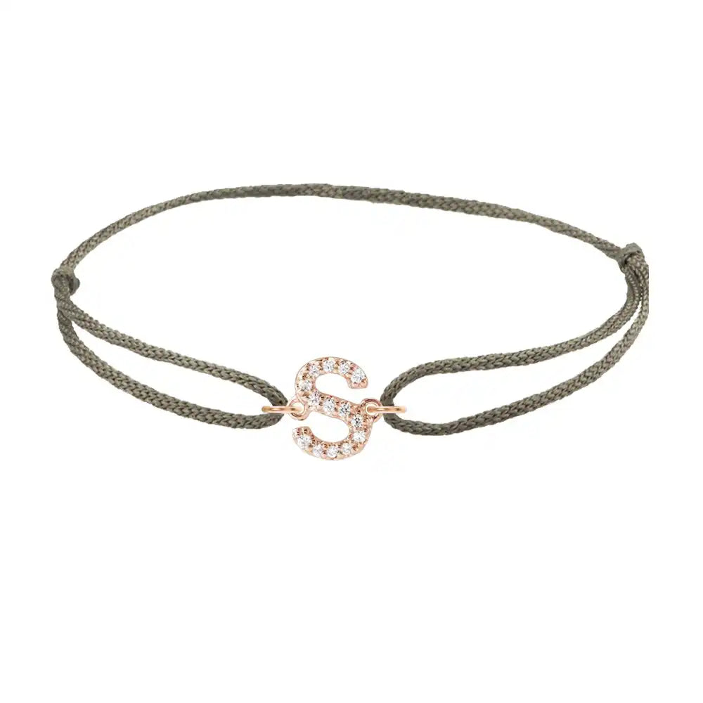 Diamond initial s silk bracelet in 14K rose gold on olive silk