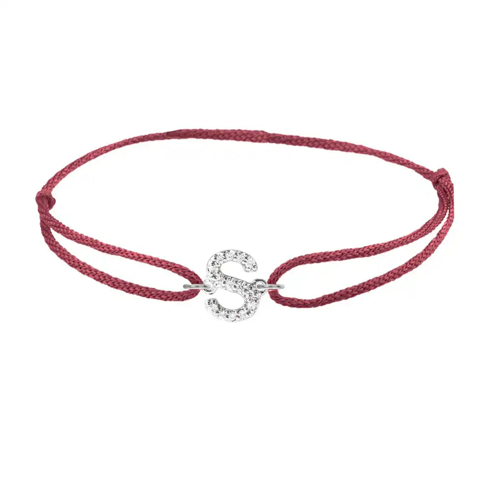 Diamond initial s silk bracelet in 14K white gold on burgundy silk