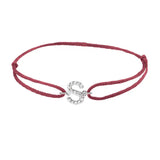 Diamond initial s silk bracelet in 14K white gold on burgundy silk