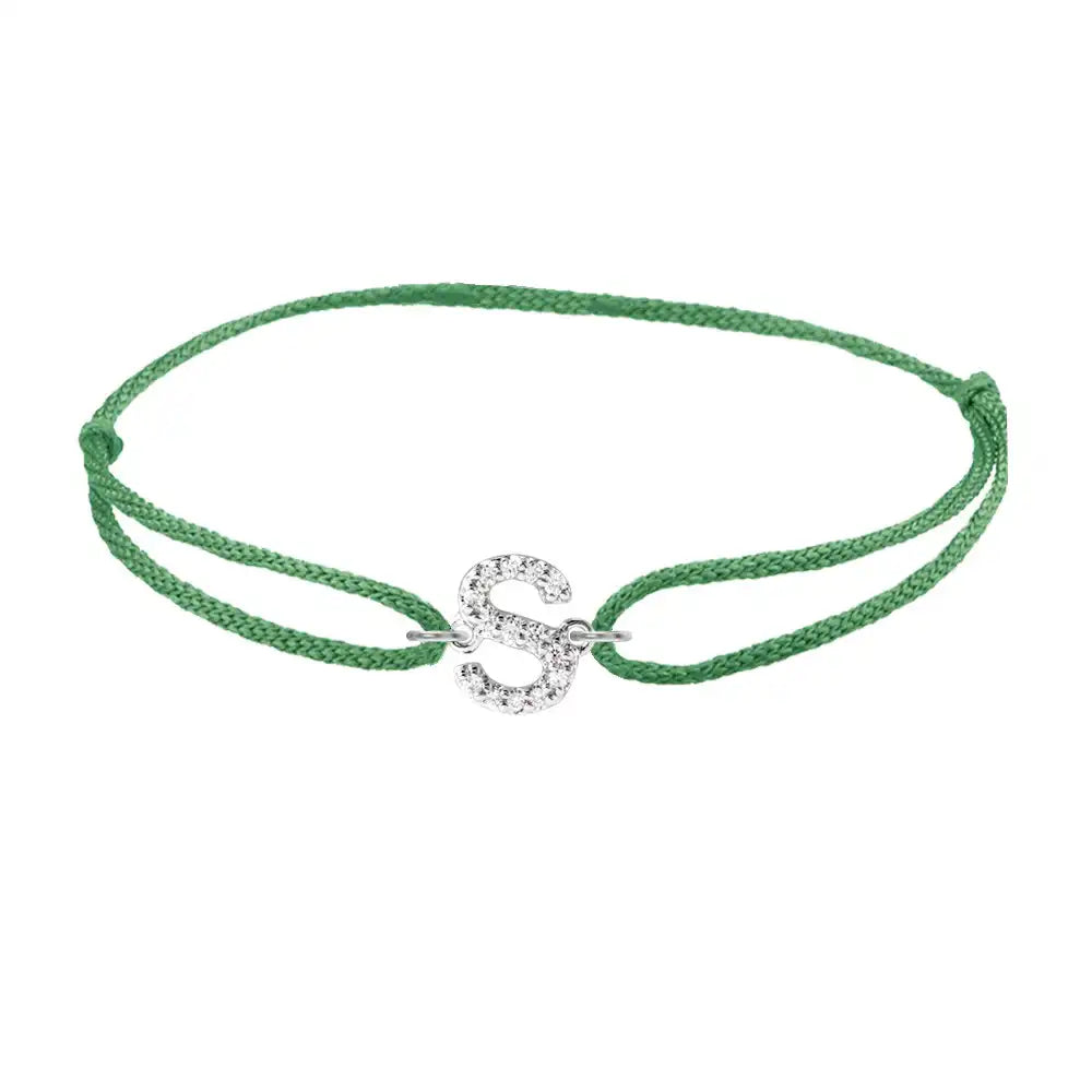 Diamond initial s silk bracelet in 14K white gold on emerald silk