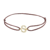 Diamond initial s silk bracelet in 14K yellow gold on brown silk