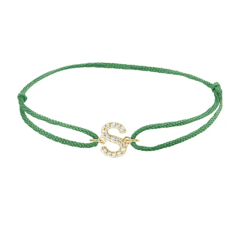 Diamond initial s silk bracelet in 14K yellow gold on emerald silk