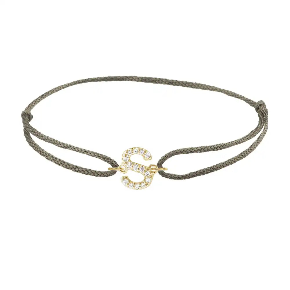 Diamond initial s silk bracelet in 14K yellow gold on olive silk