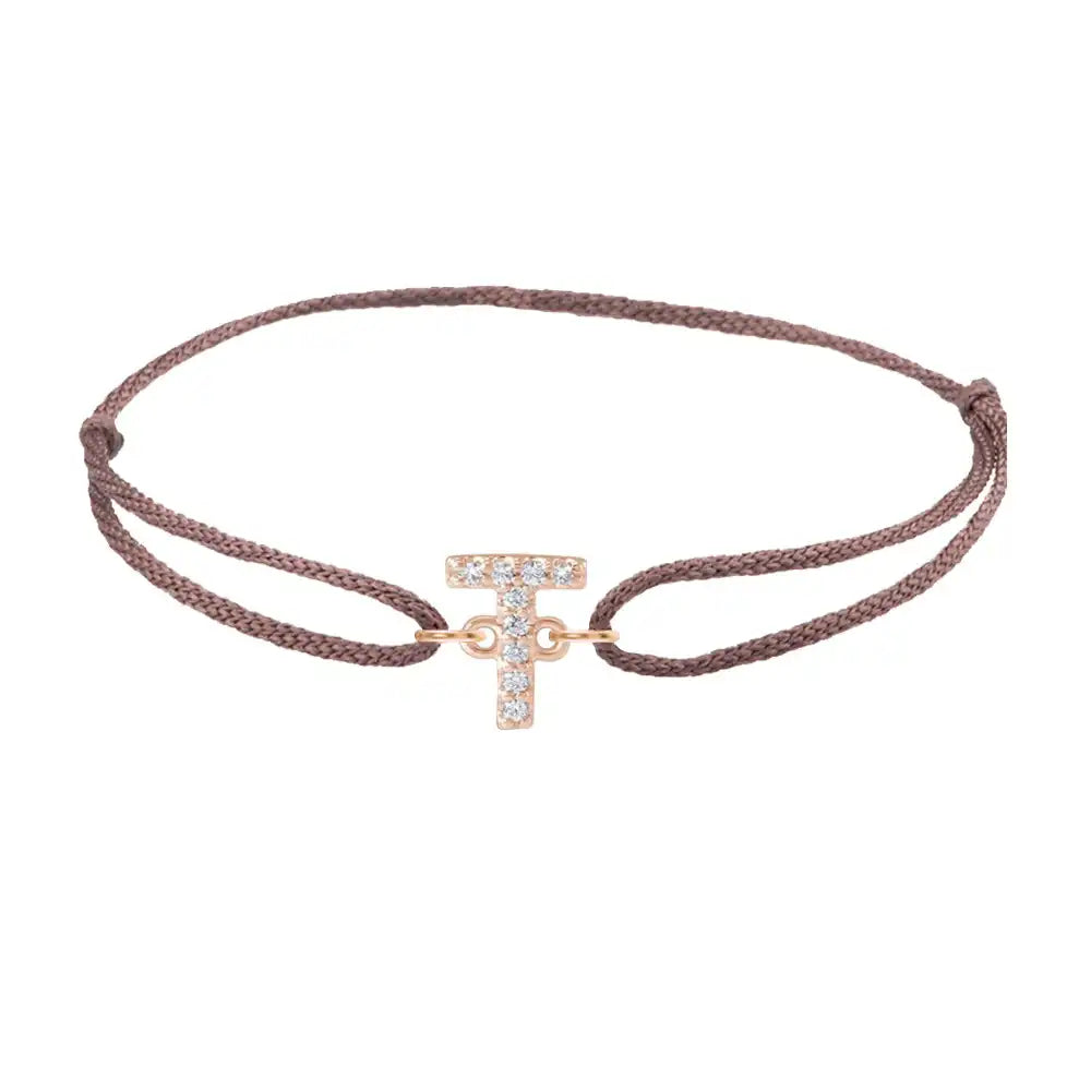 Diamond initial t silk bracelet in 14K rose gold on brown silk