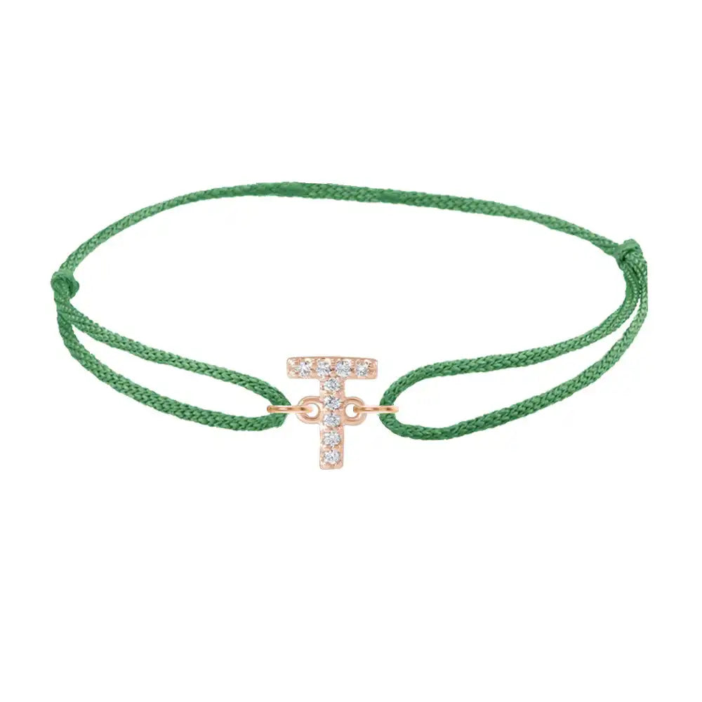 Diamond initial t silk bracelet in 14K rose gold on emerald silk