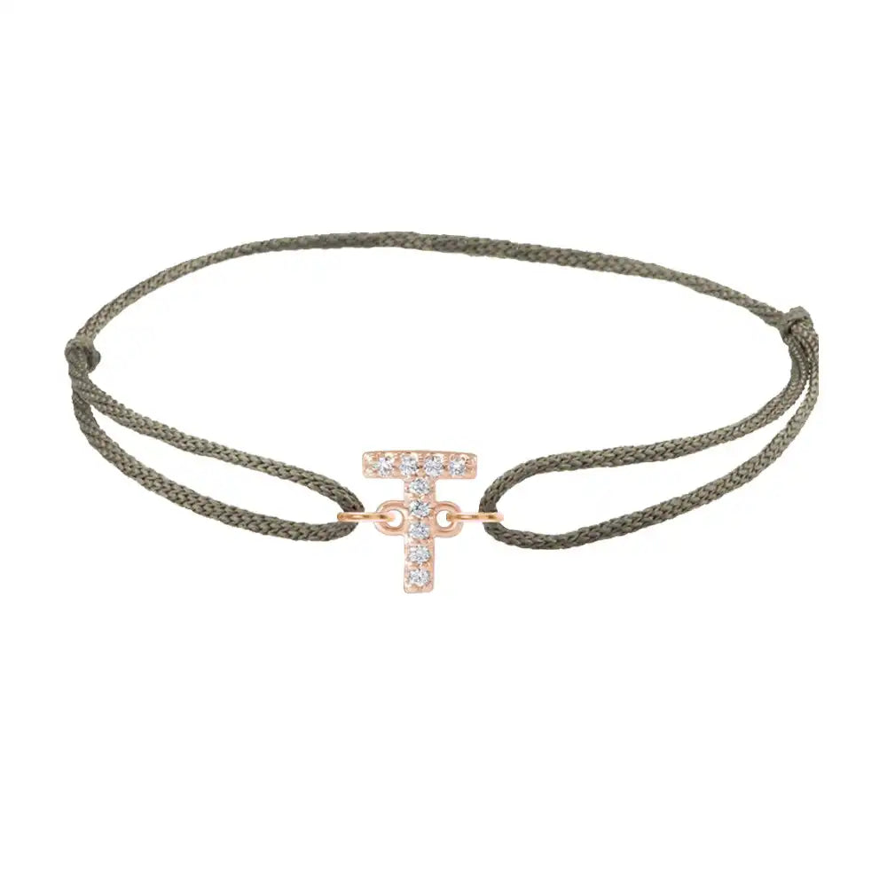 Diamond initial t silk bracelet in 14K rose gold on olive silk