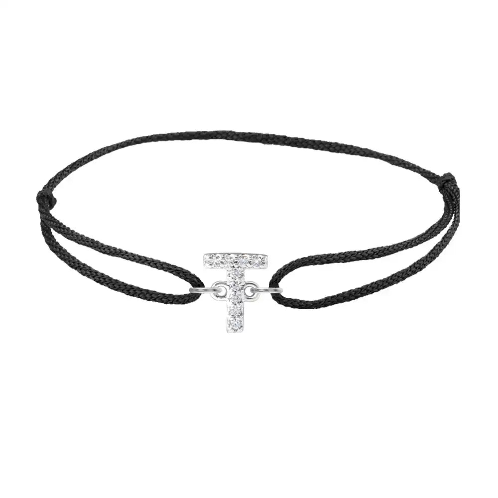 Diamond initial t silk bracelet in 14K white gold on black silk