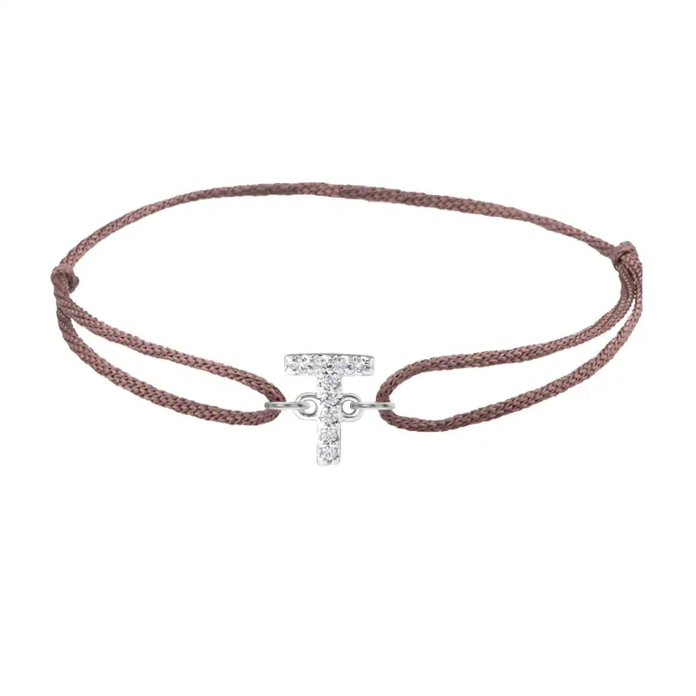 Diamond initial t silk bracelet in 14K white gold on brown silk