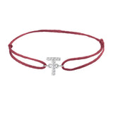 Diamond initial t silk bracelet in 14K white gold on burgundy silk