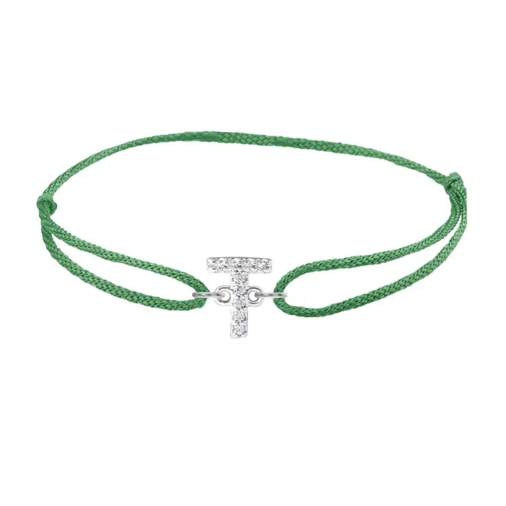 Diamond initial t silk bracelet in 14K white gold on emerald silk