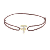 Diamond initial t silk bracelet in 14K yellow gold on brown silk