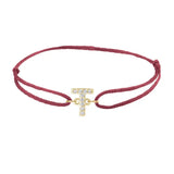 Diamond initial t silk bracelet in 14K yellow gold on burgundy silk