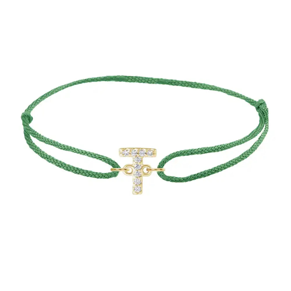 Diamond initial t silk bracelet in 14K yellow gold on emerald silk