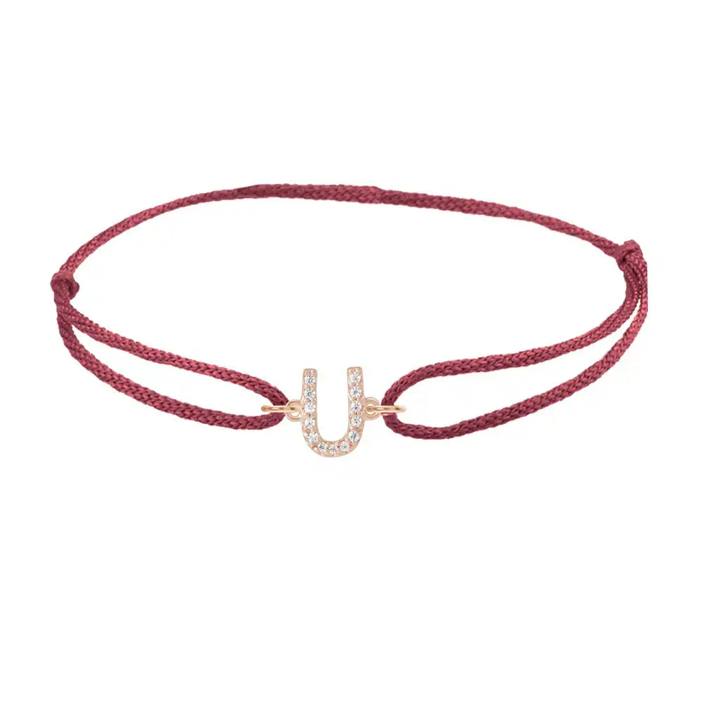 Diamond initial u silk bracelet in 14K rose gold on burgundy silk